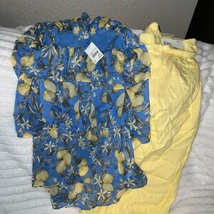 Zara Blue and Yellow Floral Top with Yellow Pants